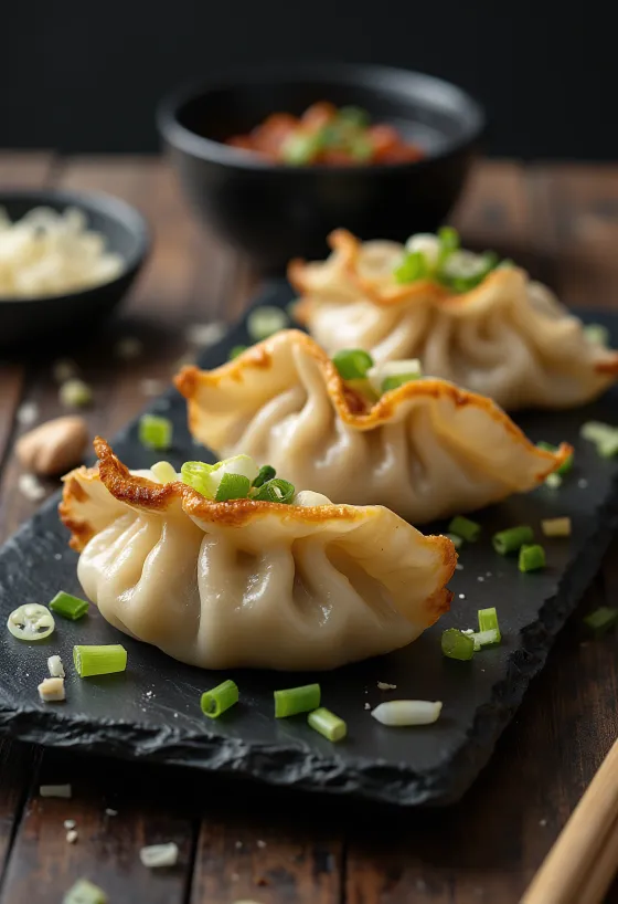 Japán tofuval töltött gyoza ropogós aljú tésztában, szójaszószos mártogatóval tálalva
