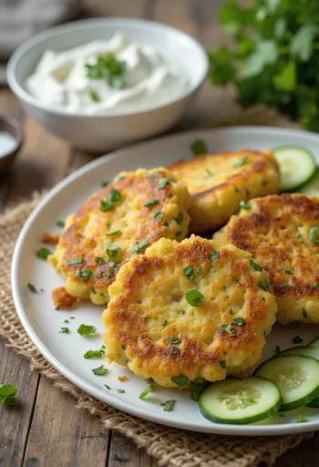 Kolokithokeftedes tzatziki szósszal tálalva, zöldséges fasírt friss fűszerekkel