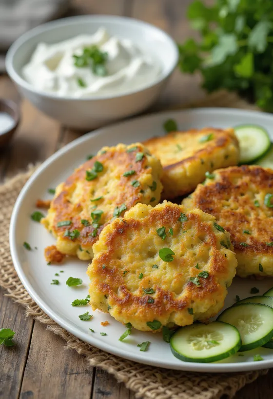 Kolokithokeftedes tzatziki szósszal tálalva, zöldséges fasírt friss fűszerekkel