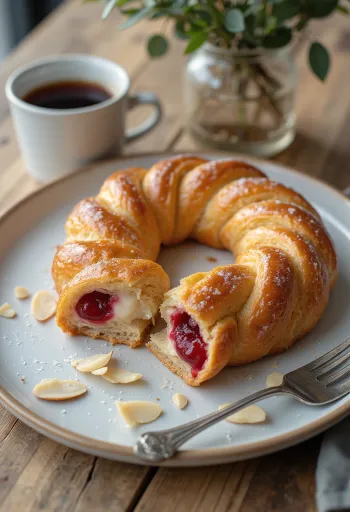 Kringle meggyes-mandulás töltelékkel tálalva