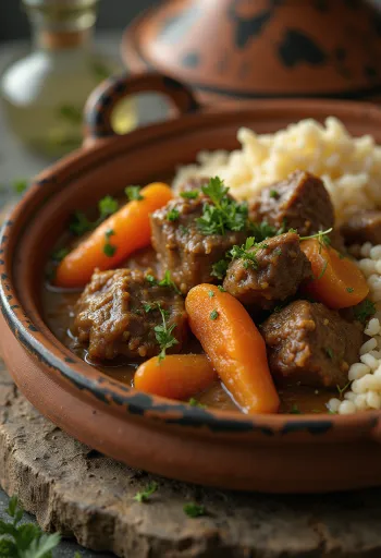 Marokkói tajine bárányhússal és kuszkusszal tálalva