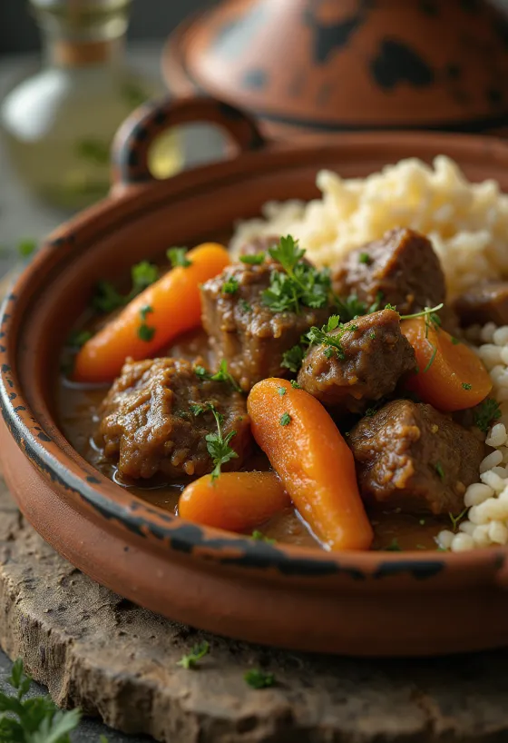 Marokkói tajine bárányhússal és kuszkusszal tálalva