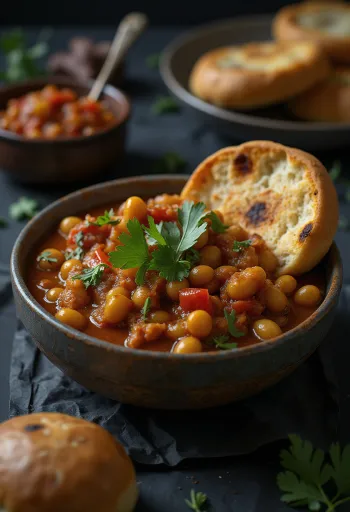 Misal Pav Varhadi fűszerezéssel, egy tálban gazdag mung dal és burgonya szósz, ropogós zsemlével tálalva
