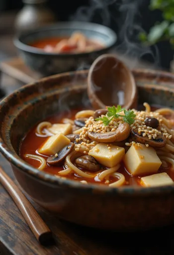 Miso nikomi udon tálalva tofus, gombás feltéttel és zöldhagymával