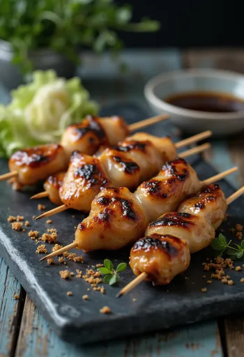 Momo yakitori – grillezett csirkecomb nyársakon, mázas szójaszószban tálalva