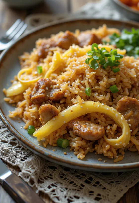 Nasi Goreng Sertéshússal, gazdag fűszerekkel, sertéshússal és tojással tálalva