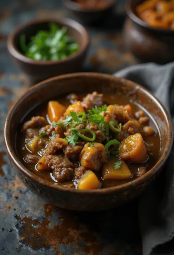 Nihari zöldségekkel, gazdag fűszerekkel és friss korianderrel tálalva