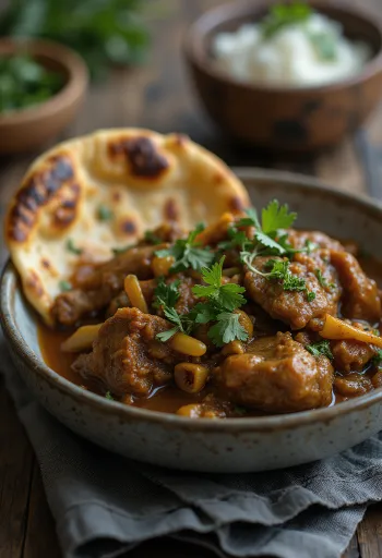 Paye naan kenyérrel friss korianderrel tálalva