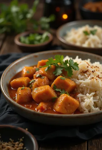 Pork Vindaloo tálalva rizzsel és friss korianderrel