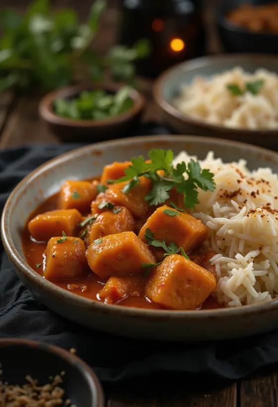 Pork Vindaloo tálalva rizzsel és friss korianderrel