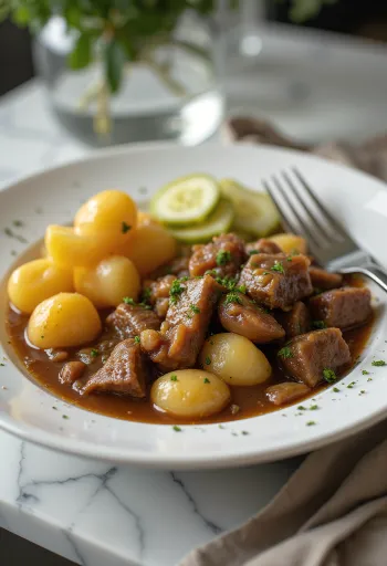 Pörkölt krumplival és savanyúsággal tálalva
