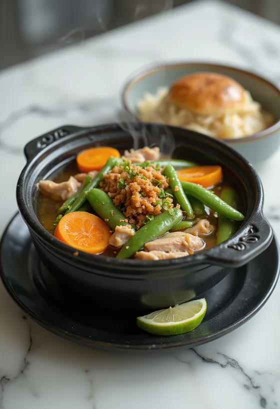 Sinigang hússal tálalva, gazdag zöldségekkel és friss kalamansi