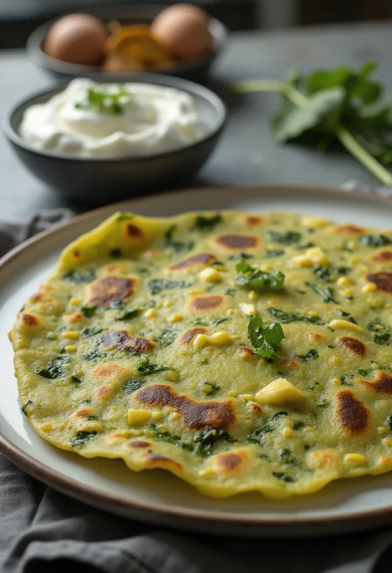 Spinach Thepla, spenótos lepény tálalva, fűszeres ízekkel