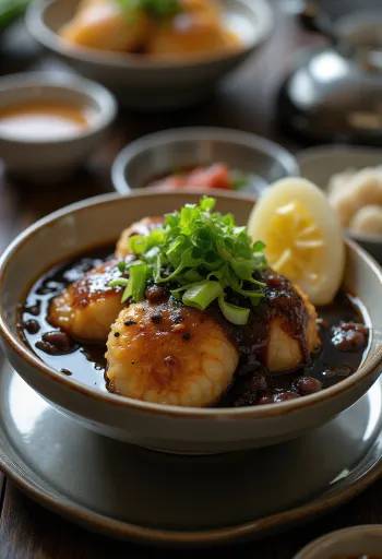Tteokbokki jajang szósszal, koreai rizsgombóc fűszeres jajang szósszal, tojással és kimchivel