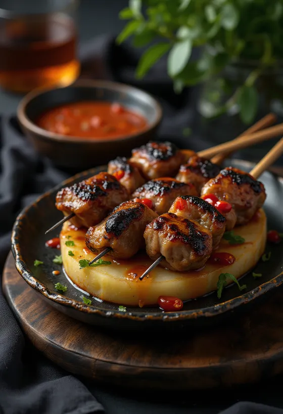 Grillezett anticucho de alpaca tálalva lime szeletekkel és petrezselyemmel