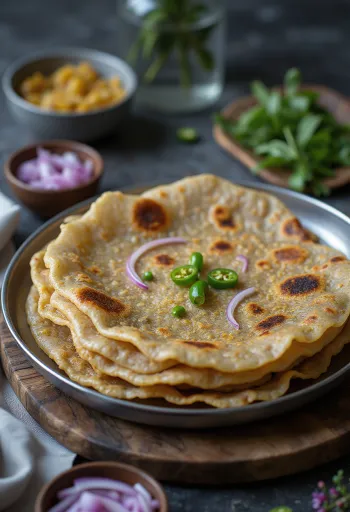 Bajra dosa, friss korianderrel és chutneyval tálalva