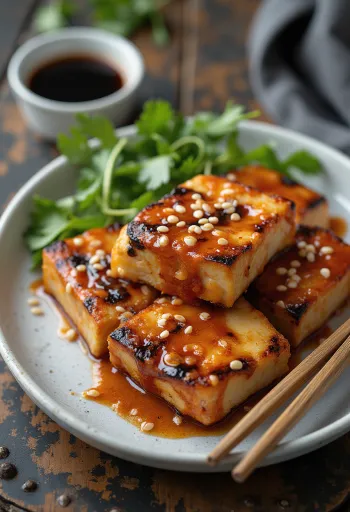 BBQ grillezett édes chili szószos tofu tálalva