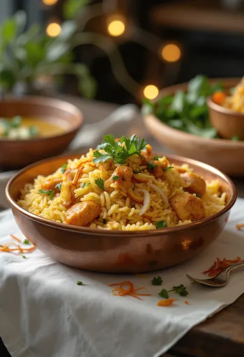 Biryani csirkével, friss korianderrel és mentával díszítve
