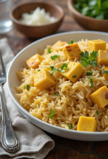 Biryani paneerrel gazdag, fűszeres paneerrel és basmati rizzsel, friss korianderrel és mentával díszítve.