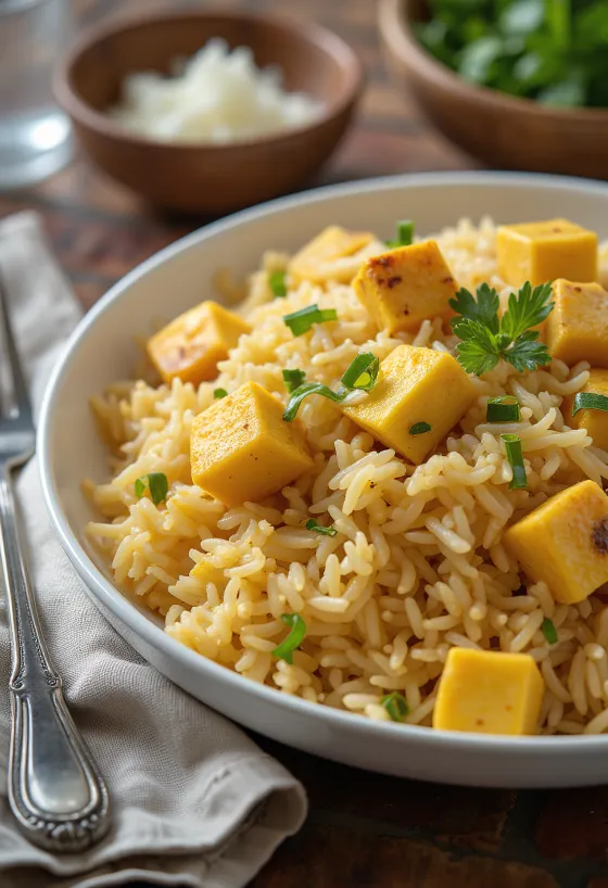 Biryani paneerrel gazdag, fűszeres paneerrel és basmati rizzsel, friss korianderrel és mentával díszítve.
