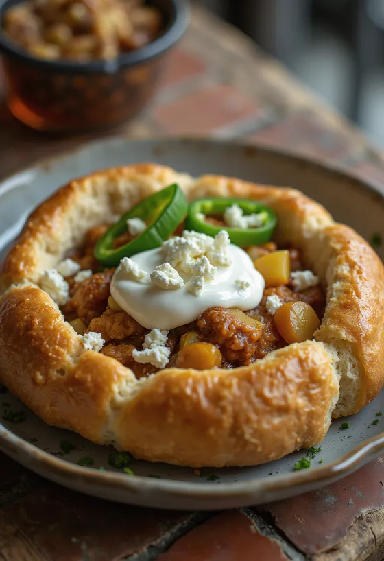 Bunny chow joghurttal, frissen tálalva, feta sajttal és korianderrel