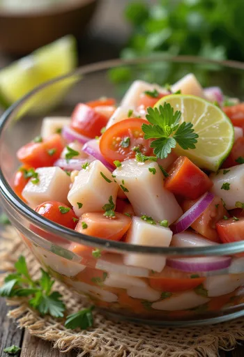 Ceviche klasszikus lime-mal, hal, avokádó és paradicsom friss kombinációja