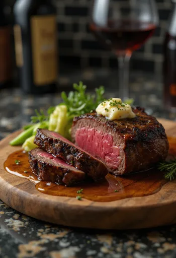 Chateaubriand steak, párolt zöldségekkel és vajjal tálalva
