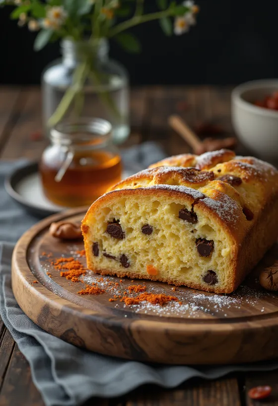 Chilis-mézes Stollen szeletelve, étcsokoládéval és porcukorral a tetején