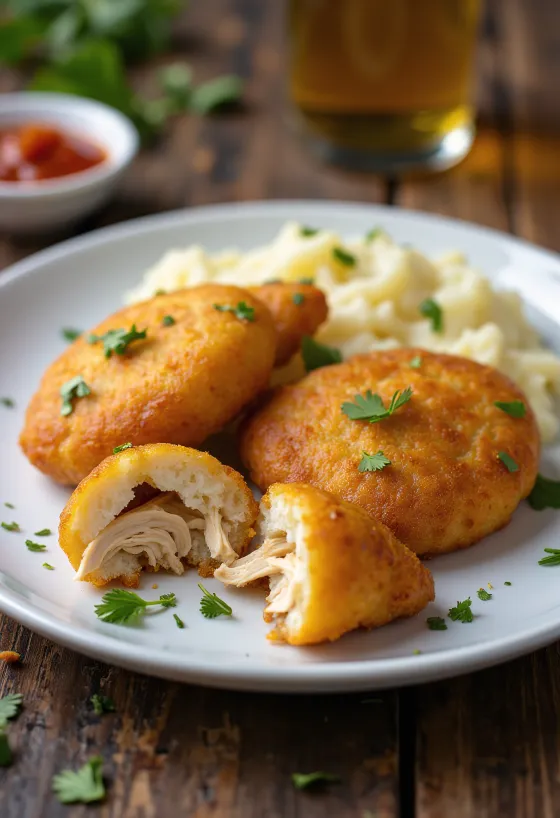 Coxinha gluténmentes, ropogós csirke falatkák friss korianderrel díszítve