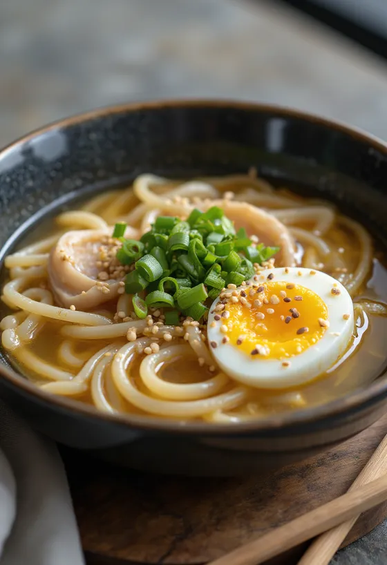 Egg Drop Ramen tálalva tojáscsíkokkal és főtt tojással