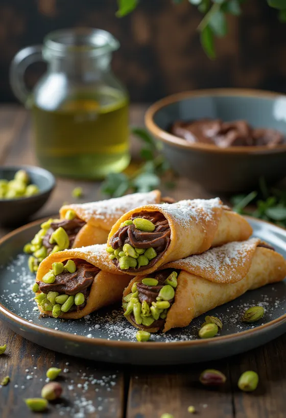 Étcsokis-pisztáciás cannoli tálalva