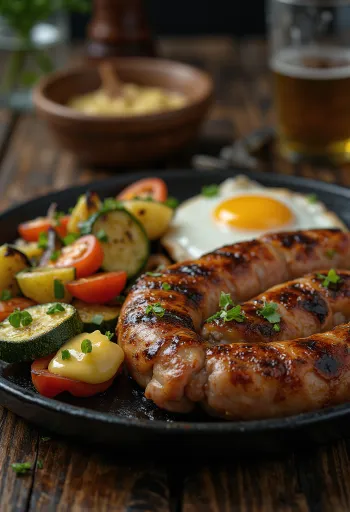 Grillezett falukorv és zöldségek tálalva, friss és ínycsiklandó megjelenésben.