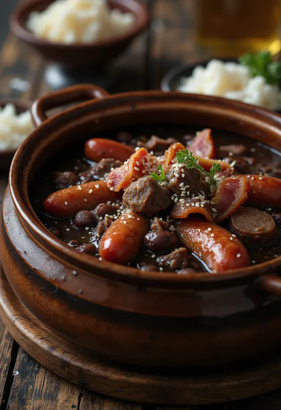 Feijoada sózott marhahússal tálalva friss petrezselyemmel és rizs körettel