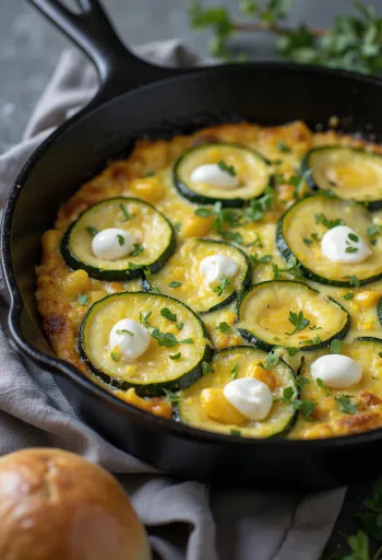 Frittata cukkínivel és ricottával egy serpenyőben tálalva