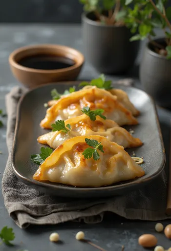 Gyoza gombóc szójaszósszal tálalva, friss zöldhagymával díszítve