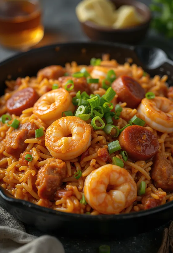 Jambalaya tálalva kolbásszal és garnélával