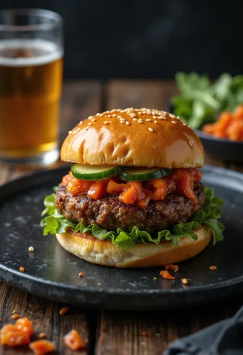Frissen készült koreai hamburger gochujang mázzal és kimchivel