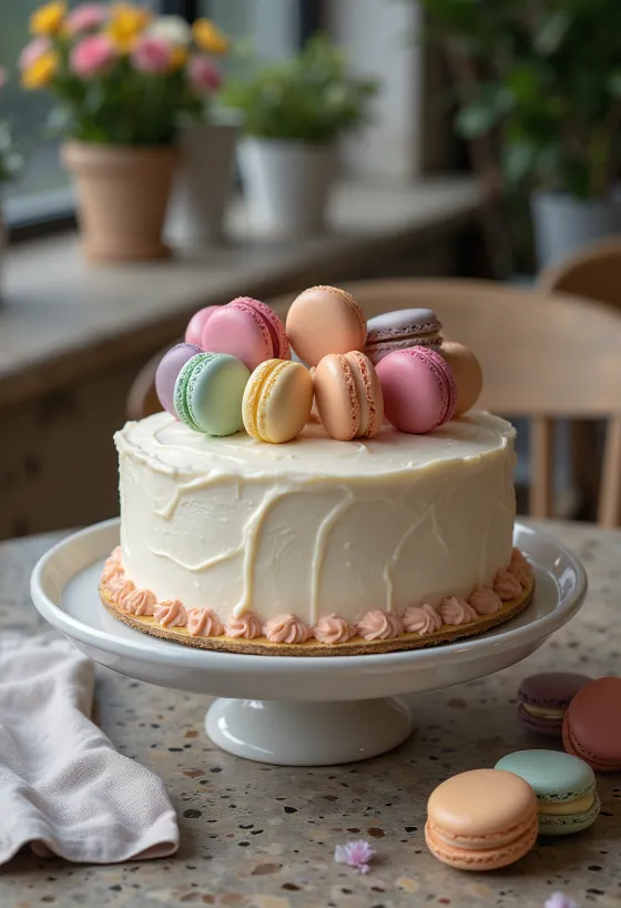 Macaronnal díszített torta több színű macaronokkal