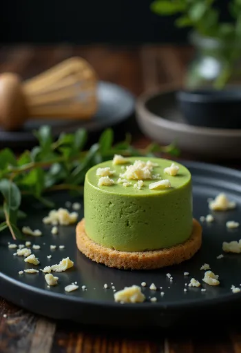 Matcha teás torta fehér csokoládé forgáccsal díszítve