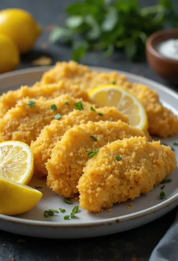 Milanesa citromlével, ropogós panírozott csirkehús friss citromlével és petrezselyemmel
