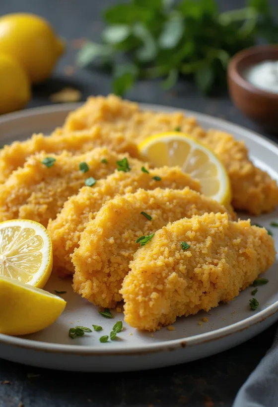 Milanesa citromlével, ropogós panírozott csirkehús friss citromlével és petrezselyemmel
