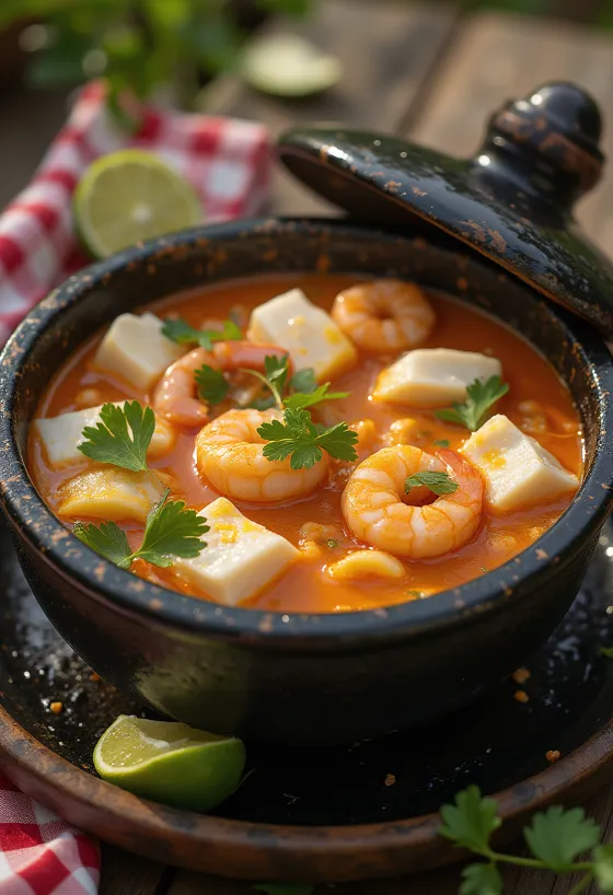 Moqueca pálmaolajjal, hal és rák gazdag kókusztejes mártásban, korianderrel megszórva