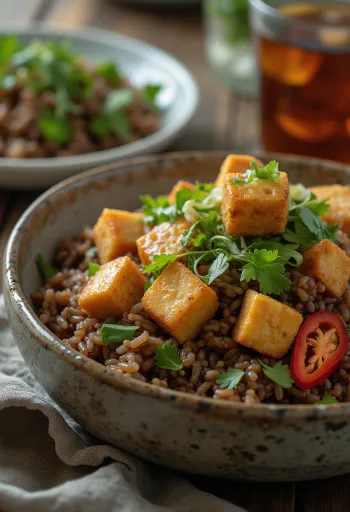 Nasi Goreng Tofuval, gazdag fűszerekkel és friss tofuval tálalva
