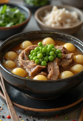 Niku jaga zöldborsóval, gazdag alaplében tálalva