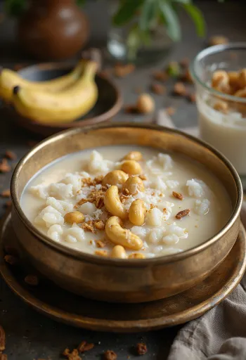 Paal Payasam, kókusztejjel és pirított cashew dióval tálalva