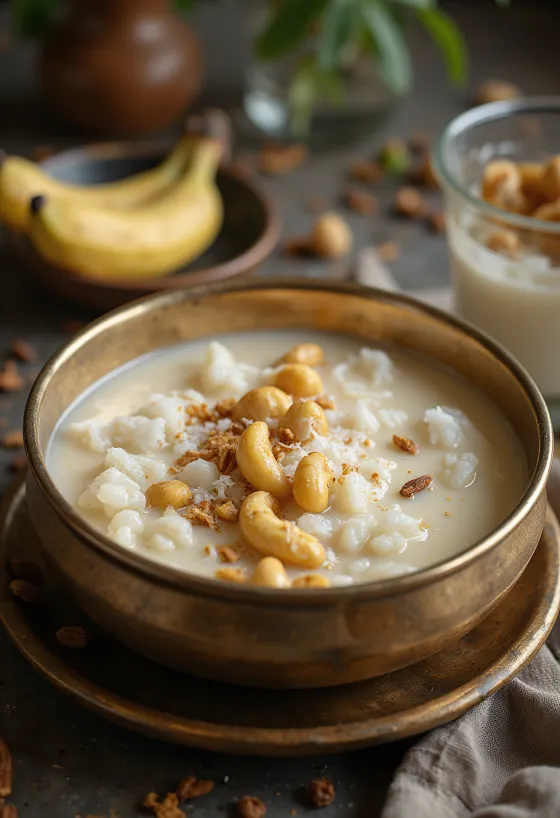Paal Payasam, kókusztejjel és pirított cashew dióval tálalva