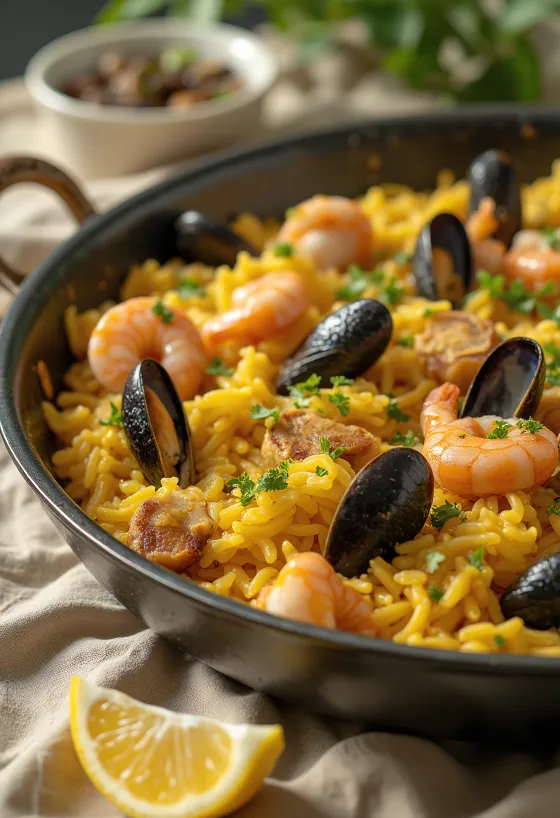 Paella tenger gyümölcseivel és csirkével tálalva
