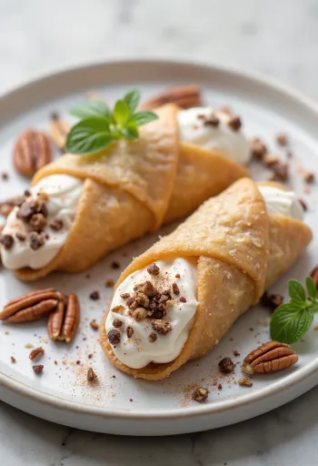 Pekándiós-chilis cannoli desszert tálalva