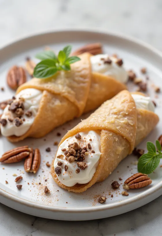 Pekándiós-chilis cannoli desszert tálalva