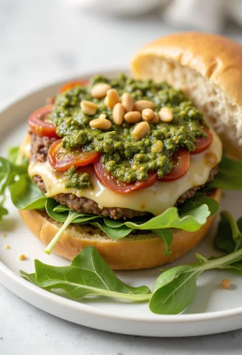 Pesztós Burger tálalva